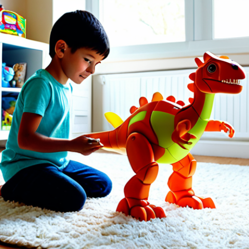 A young child, around 7-8 years old, fully clothed in modest, comfortable everyday attire, intently focused on transforming a vibrant dinosaur mecha toy on a light-colored rug in a brightly lit, family-friendly playroom. The child's hands are carefully manipulating the toy, with a look of wonder and engagement on their face as the toy shifts between forms. Sunlight streams through a nearby window, illuminating the scene. The background is soft and uncluttered, featuring other age-appropriate toys on shelves. Perfect anatomy, correct proportions, natural pose, well-formed hands, proper finger count, natural body proportions. Safe for work, appropriate content, fully clothed, family-friendly, professional photography, high quality.