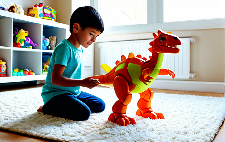 A young child, around 7-8 years old, fully clothed in modest, comfortable everyday attire, intently focused on transforming a vibrant dinosaur mecha toy on a light-colored rug in a brightly lit, family-friendly playroom. The child's hands are carefully manipulating the toy, with a look of wonder and engagement on their face as the toy shifts between forms. Sunlight streams through a nearby window, illuminating the scene. The background is soft and uncluttered, featuring other age-appropriate toys on shelves. Perfect anatomy, correct proportions, natural pose, well-formed hands, proper finger count, natural body proportions. Safe for work, appropriate content, fully clothed, family-friendly, professional photography, high quality.
