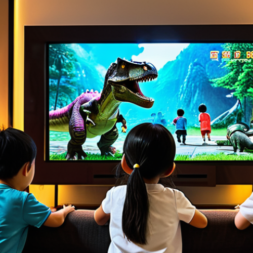 **

"Anime-style scene of kids watching 'Dinosaur Mecard' on TV, family-friendly, safe for work, modern Chinese home interior, focus on the TV screen with vibrant dinosaur mecha action, Chinese characters on the screen, warm lighting, happy and engaged children, appropriate content, fully clothed."

**