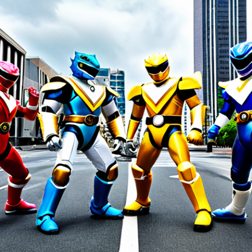 Retro Dinosaur Mecha Team**

"The Mighty Morphin Power Rangers battling a monster in a city, dinosaur-themed robots, classic tokusatsu style, bright colors, fully clothed, safe for work, appropriate content, perfect anatomy, natural proportions, professional, modest, family-friendly"

**