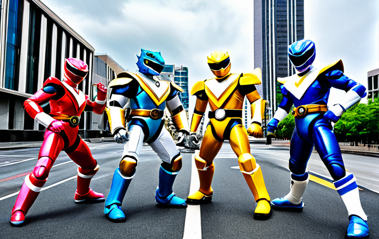 Retro Dinosaur Mecha Team**

"The Mighty Morphin Power Rangers battling a monster in a city, dinosaur-themed robots, classic tokusatsu style, bright colors, fully clothed, safe for work, appropriate content, perfect anatomy, natural proportions, professional, modest, family-friendly"

**