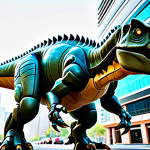 **Prompt:** A stylized, modern Tyrannosaurus Rex robot, fully clothed, appropriate attire, standing heroically in a futuristic cityscape, safe for work, perfect anatomy, correct proportions, well-formed hands, proper finger count, professional digital art, family-friendly, vibrant colors, dynamic pose.