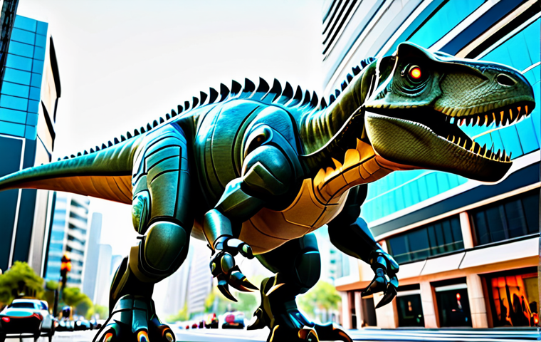 **Prompt:** A stylized, modern Tyrannosaurus Rex robot, fully clothed, appropriate attire, standing heroically in a futuristic cityscape, safe for work, perfect anatomy, correct proportions, well-formed hands, proper finger count, professional digital art, family-friendly, vibrant colors, dynamic pose.