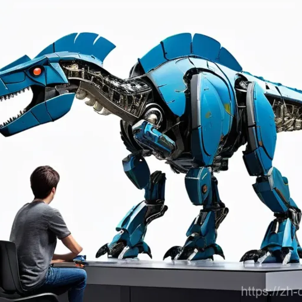 공룡메카드 제작 비하인드 스토리 - **A dynamic digital painting of a concept artist's studio, bustling with creative energy. The centra...