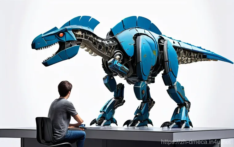 공룡메카드 제작 비하인드 스토리 - **A dynamic digital painting of a concept artist's studio, bustling with creative energy. The centra...