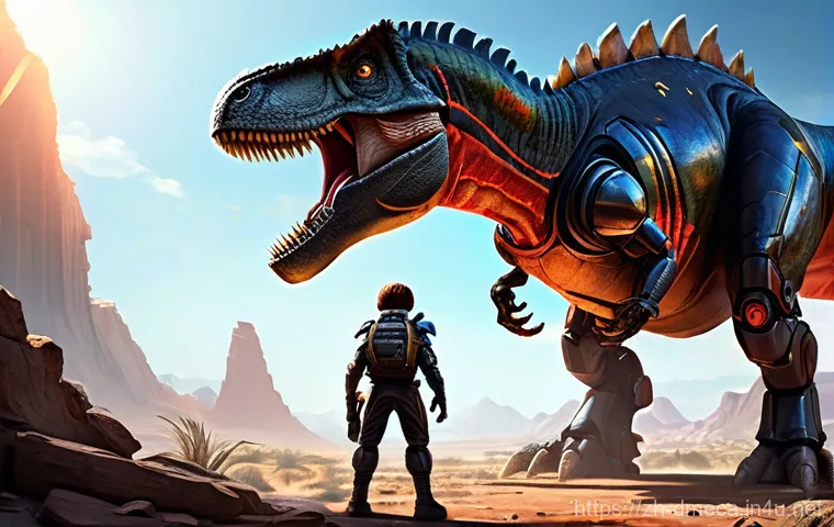 공룡메카드 제작 비하인드 스토리 - **A dynamic digital painting of a concept artist's studio, bustling with creative energy. The centra...