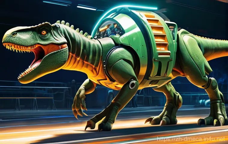 공룡메카드 제작 비하인드 스토리 - **An emotionally resonant and action-oriented digital illustration featuring a heroic 'Tyrannosaurus...