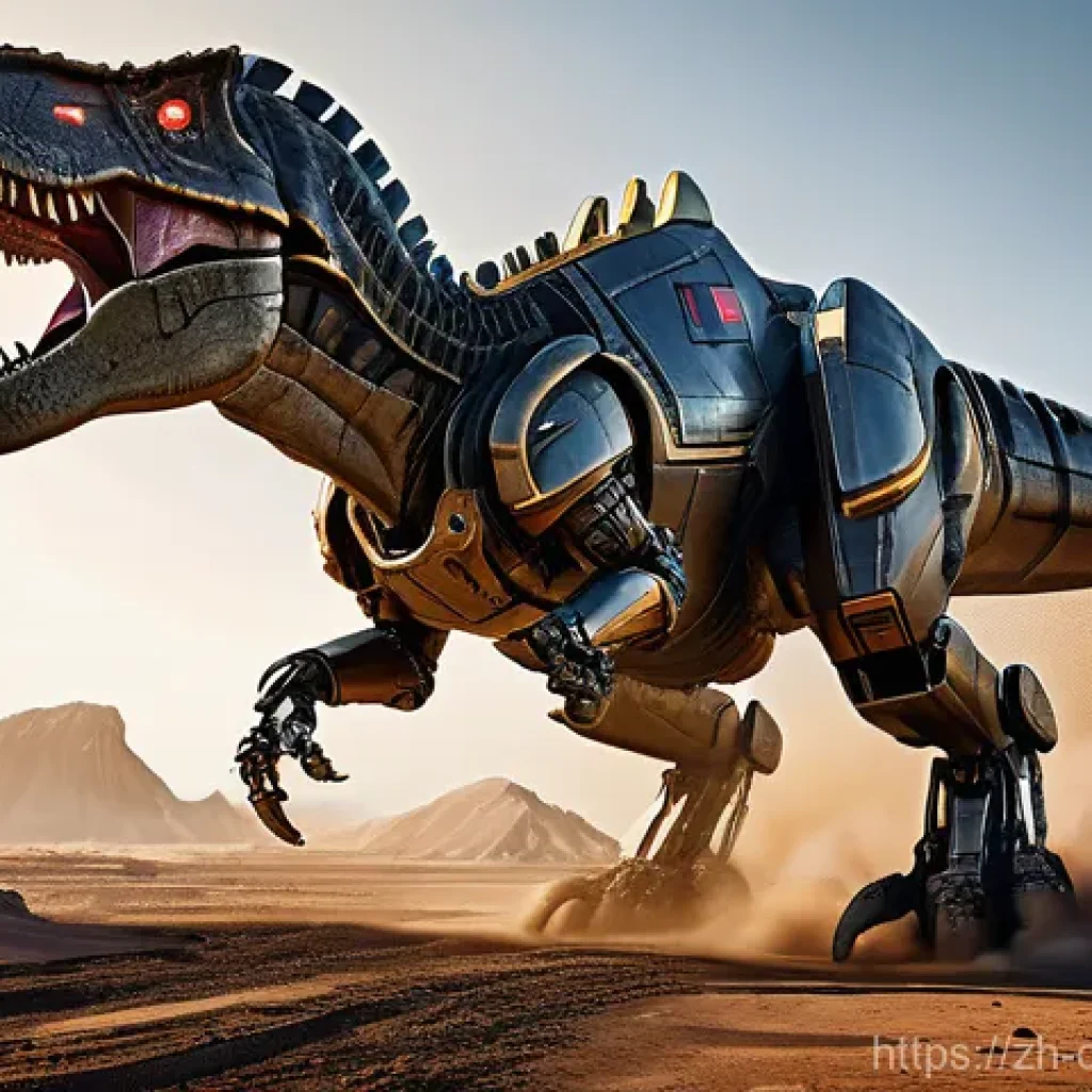 공룡메카드 관련 공룡 이름과 설명 - A dynamic wide shot of Tyranno Mecard, a majestic T-Rex inspired mecha, standing triumphantly on a r...