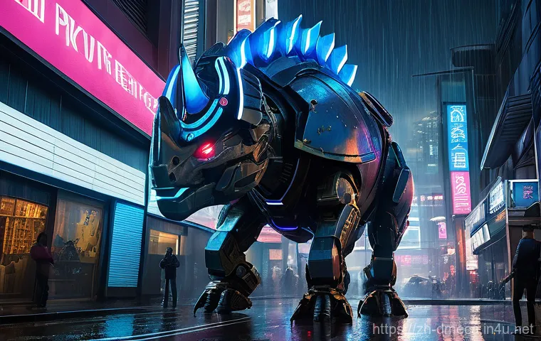 공룡메카드 관련 공룡 이름과 설명 - A dynamic wide shot of Tyranno Mecard, a majestic T-Rex inspired mecha, standing triumphantly on a r...