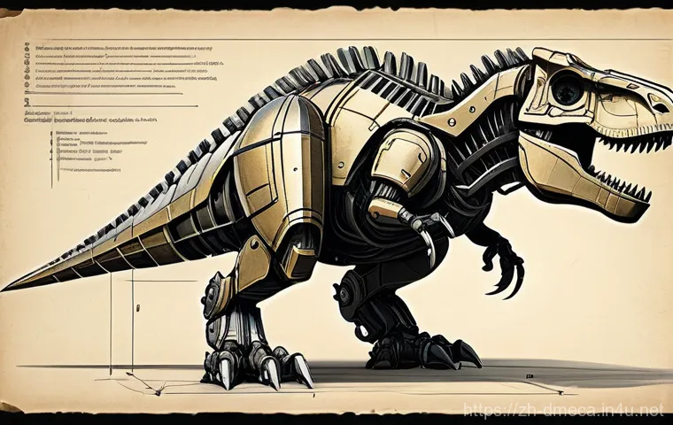 공룡메카드 인형 제작 과정 - **Hand-Drawn T-Rex Mech Concept Sketch:**
    A dynamic, hand-drawn concept sketch of a powerful Tyr...