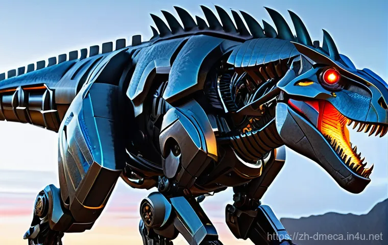 공룡메카드 공룡의 실제 모델 비교 - **A majestic, powerful Tyrannosaurus Rex, depicted as a sophisticated mecha-dinosaur hybrid.** Its m...
