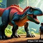 공룡메카드 각 캐릭터의 세부 스토리 - A young boy, Narongchan, with bright, curious eyes, stands in a lush, ancient forest, wearing practi...