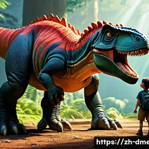 공룡메카드 각 캐릭터의 세부 스토리 - A young boy, Narongchan, with bright, curious eyes, stands in a lush, ancient forest, wearing practi...