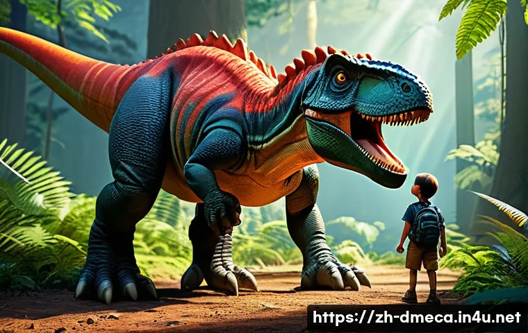 공룡메카드 각 캐릭터의 세부 스토리 - A young boy, Narongchan, with bright, curious eyes, stands in a lush, ancient forest, wearing practi...