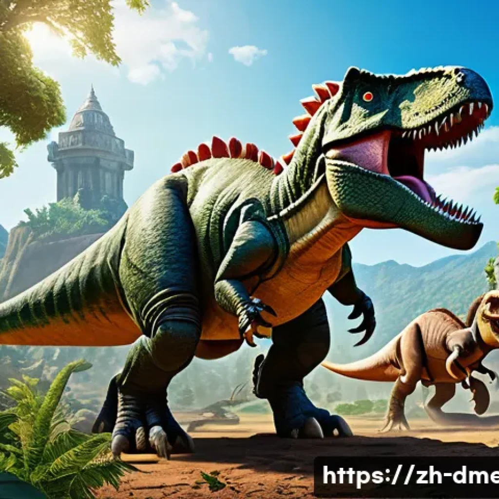 공룡메카드 게임화된 버전의 특징 - A dynamic scene featuring a diverse group of dinosaur characters in a vibrant prehistoric landscape....