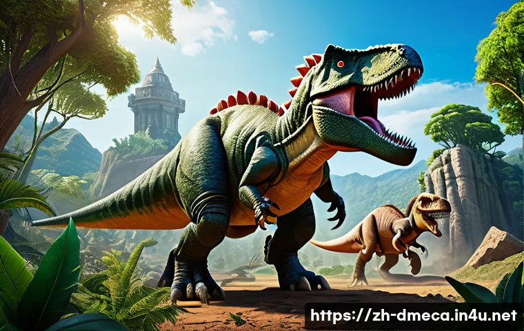 공룡메카드 게임화된 버전의 특징 - A dynamic scene featuring a diverse group of dinosaur characters in a vibrant prehistoric landscape....