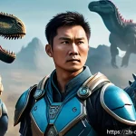 공룡메카드 캐릭터별 성격 유형 - A courageous and responsible leader character standing confidently on a rocky cliff overlooking a vi...