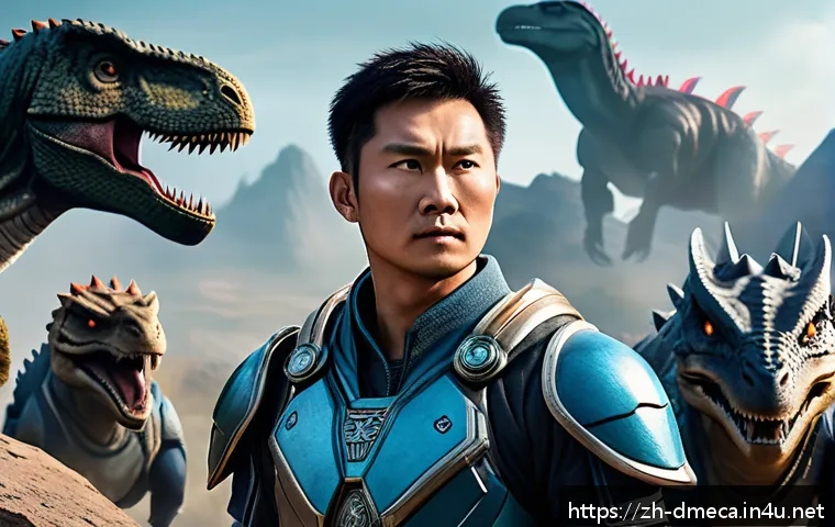 공룡메카드 캐릭터별 성격 유형 - A courageous and responsible leader character standing confidently on a rocky cliff overlooking a vi...