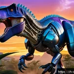 공룡메카드 유튜브 인기 클립 - A highly detailed 3D scene of a fierce mechanical Tyrannosaurus rex roaring in a futuristic jungle a...