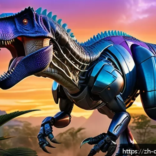 공룡메카드 유튜브 인기 클립 - A highly detailed 3D scene of a fierce mechanical Tyrannosaurus rex roaring in a futuristic jungle a...