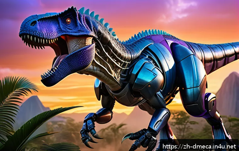공룡메카드 유튜브 인기 클립 - A highly detailed 3D scene of a fierce mechanical Tyrannosaurus rex roaring in a futuristic jungle a...