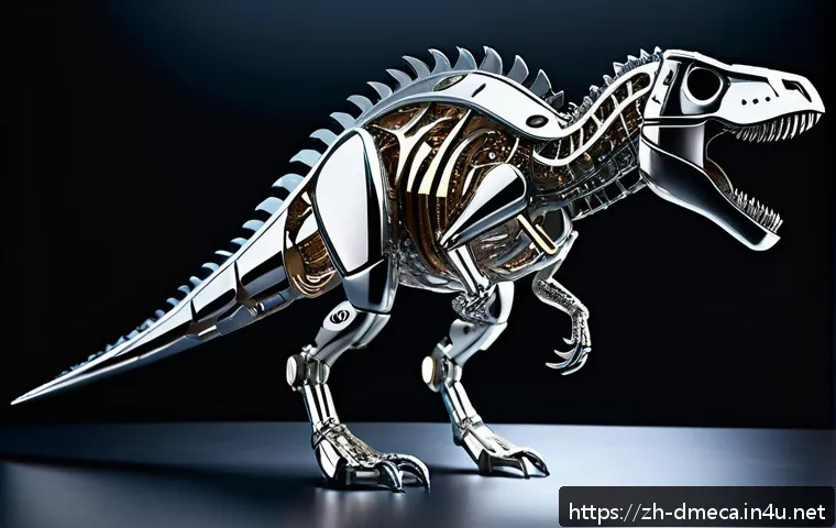 공룡메카드 제작진의 의도 분석 - A futuristic mechanical dinosaur inspired by the fusion of ancient dinosaur anatomy and advanced rob...