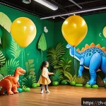 공룡메카드 테마로 한 파티 아이디어 - A vibrant immersive dinosaur jungle party scene for children, featuring lush green and brown tones, ...