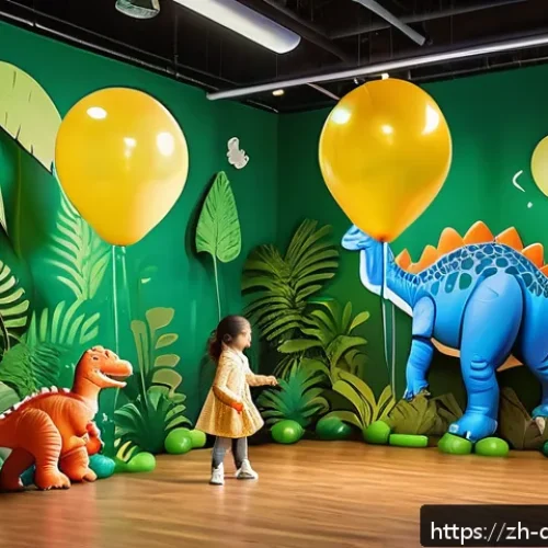 공룡메카드 테마로 한 파티 아이디어 - A vibrant immersive dinosaur jungle party scene for children, featuring lush green and brown tones, ...