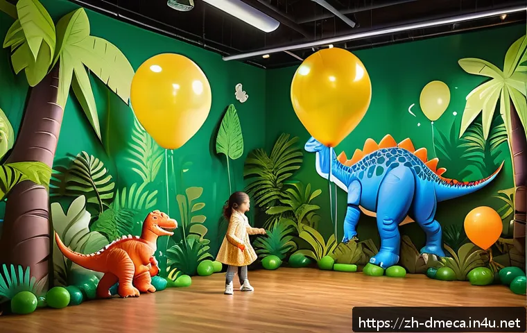 공룡메카드 테마로 한 파티 아이디어 - A vibrant immersive dinosaur jungle party scene for children, featuring lush green and brown tones, ...