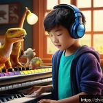공룡메카드 애니메이션 OST 정보 - A vibrant and dynamic scene featuring a young composer surrounded by a nostalgic childhood setting f...