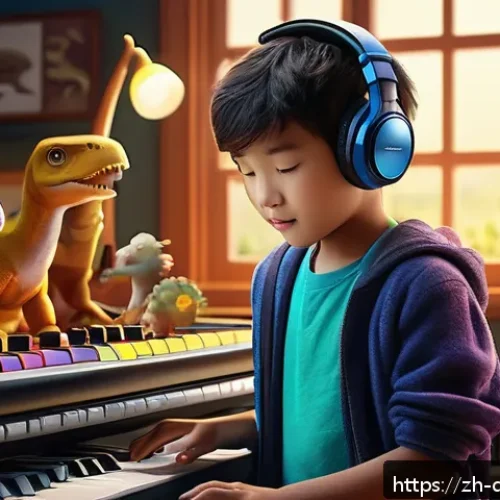 공룡메카드 애니메이션 OST 정보 - A vibrant and dynamic scene featuring a young composer surrounded by a nostalgic childhood setting f...