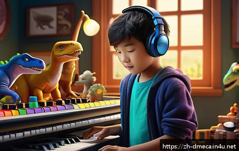 공룡메카드 애니메이션 OST 정보 - A vibrant and dynamic scene featuring a young composer surrounded by a nostalgic childhood setting f...