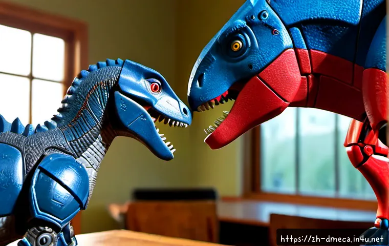 공룡메카드 캐릭터 간 상호작용 - Photorealistic tabletop scene of two original transforming robotic dinosaur toy characters interacti...