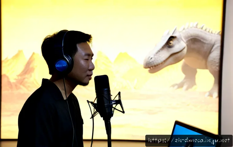 공룡메카드 주인공 성우 정보 - Photorealistic professional voice recording studio, an expressive adult East Asian voice actor weari...